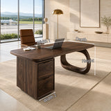 Contemporary desk balances open legroom and integrated storage in an airy workspace