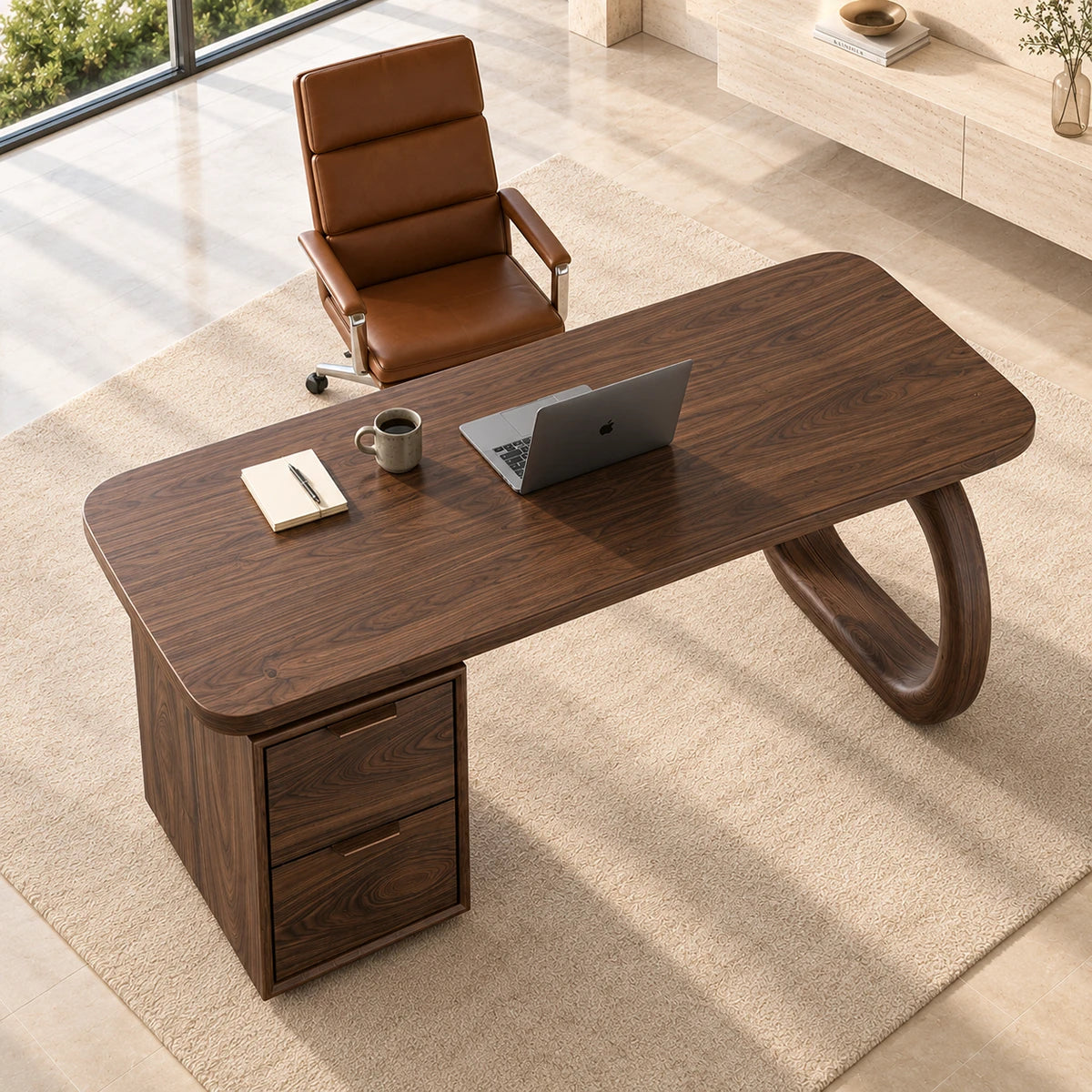 Designed for productivity, this study desk blends artistic form with useful storage