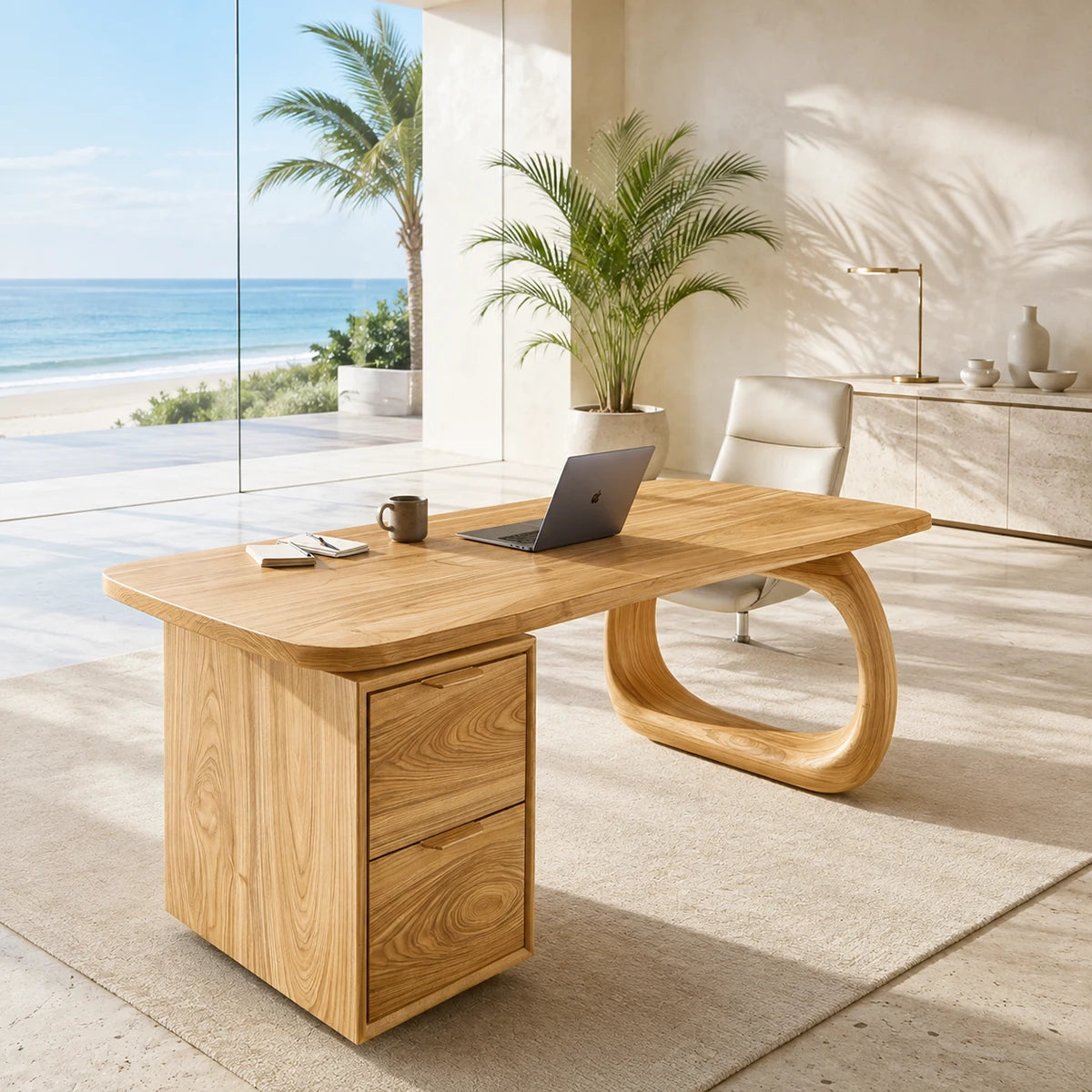 With a sculptural open leg, this desk adds visual interest to a bright workspace