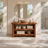 Functional bathroom console in natural solid wood with low profile shelf storage