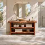 Gallery style bath vanity in natural solid wood with open shelving across the base
