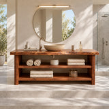 Contemporary vanity storage piece in natural solid wood with balanced shelf spacing