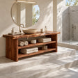 Freestanding bathroom vanity in natural solid wood with two open storage shelves