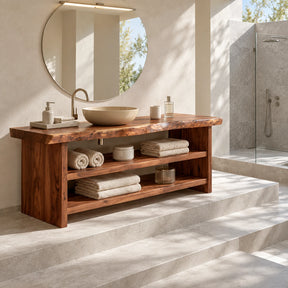 Freestanding bathroom vanity in natural solid wood with two open storage shelves