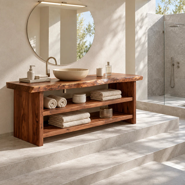 Freestanding bathroom vanity in natural solid wood with two open storage shelves