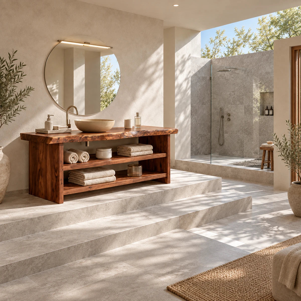 Open shelf bathroom vanity in natural solid wood with a clean architectural form