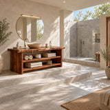 Open shelf bathroom vanity in natural solid wood with a clean architectural form
