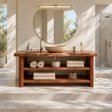 Modern bath vanity console in natural solid wood with spacious open shelving below