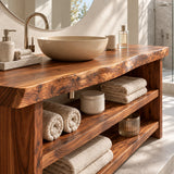 Minimalist bathroom storage vanity in natural solid wood with a grounded profile