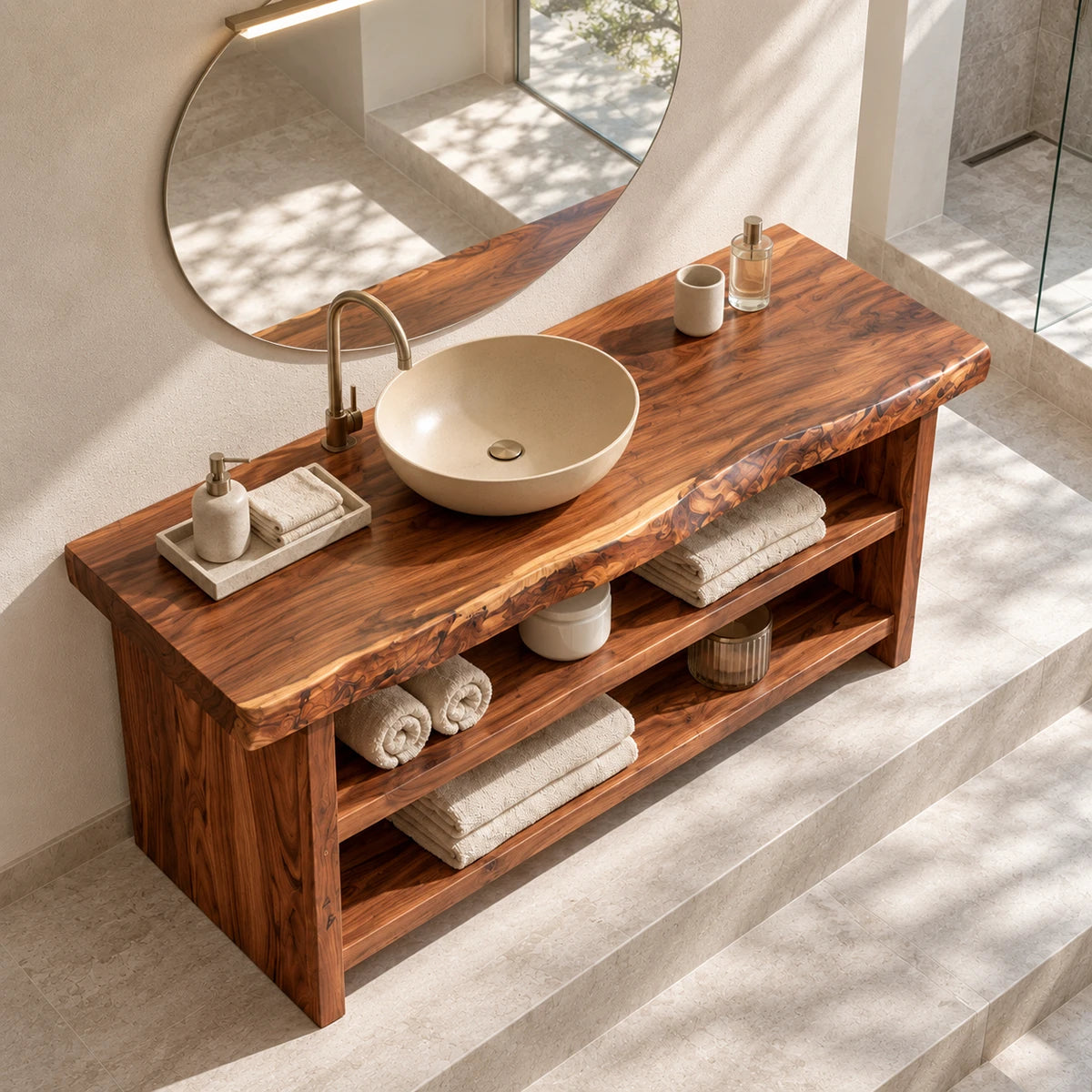 Crafted freestanding vanity cabinet in natural solid wood with generous open tiers