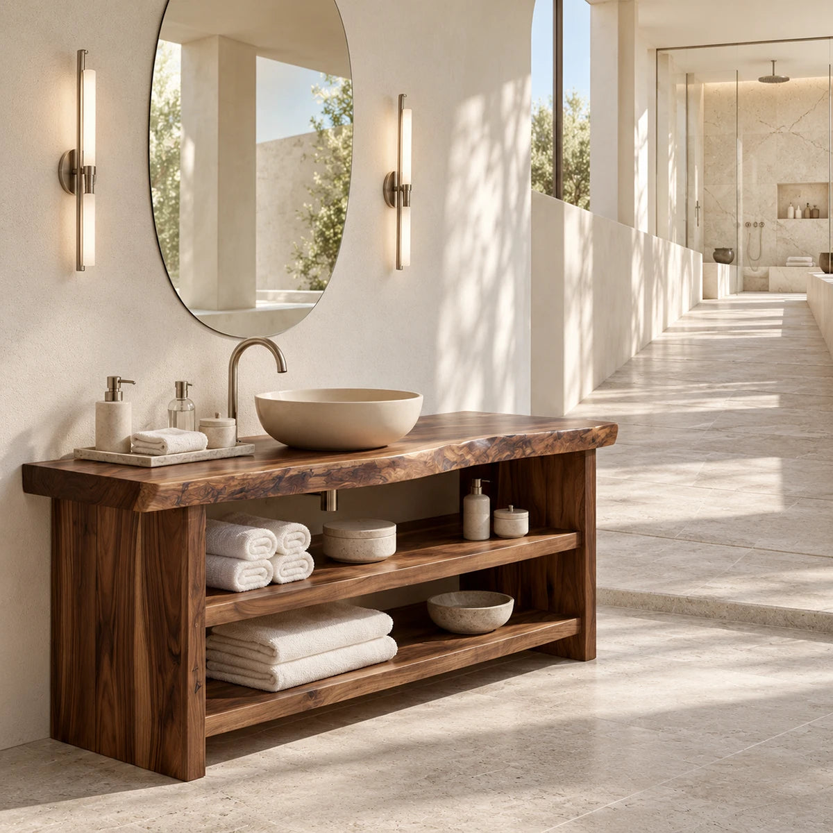 Architectural bath storage unit in natural solid wood with a bold open-plan layout