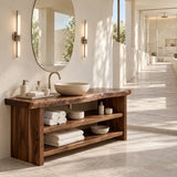 Architectural bath storage unit in natural solid wood with a bold open-plan layout