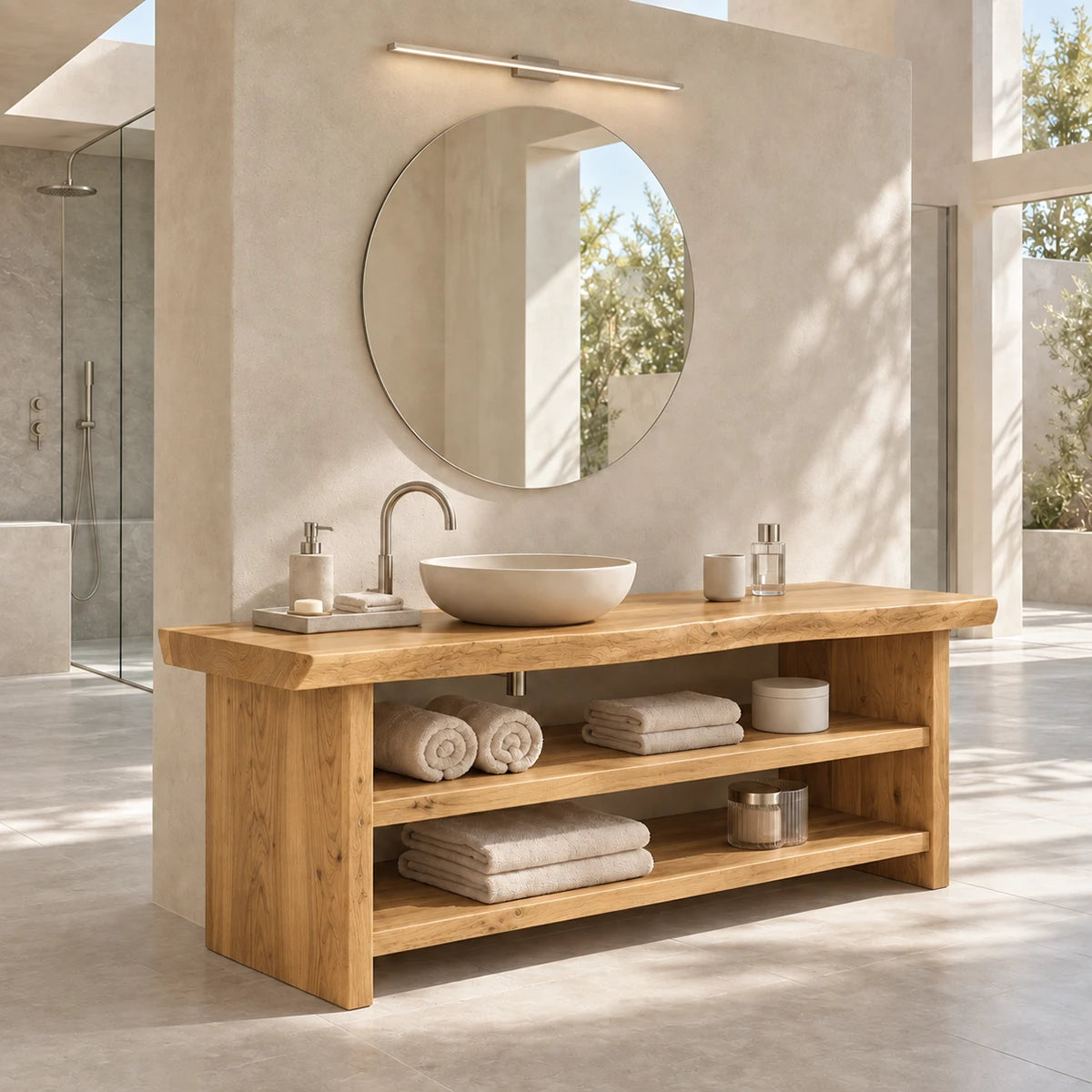 Straight line bathroom vanity in natural solid wood featuring practical open storage
