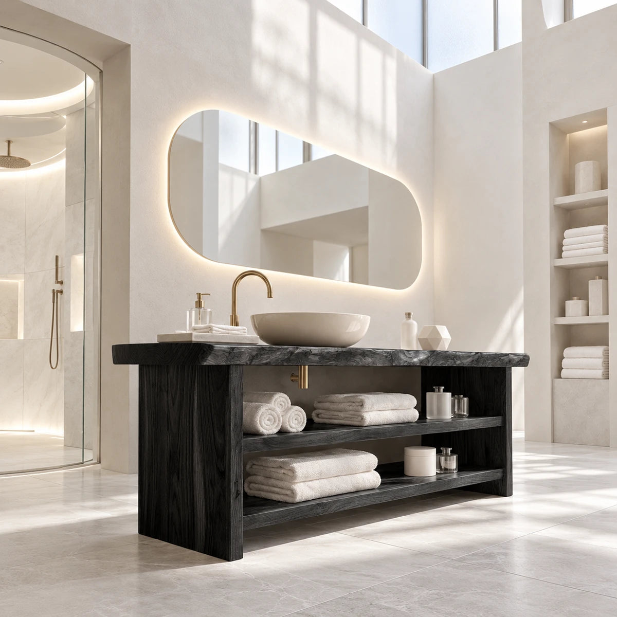 Organic modern vanity table in natural solid wood with double shelf organization