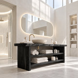 Organic modern vanity table in natural solid wood with double shelf organization
