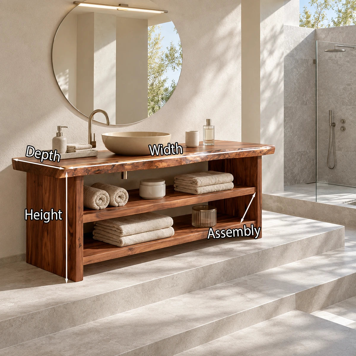 Streamlined bath cabinet in natural solid wood with airy two-tier storage design