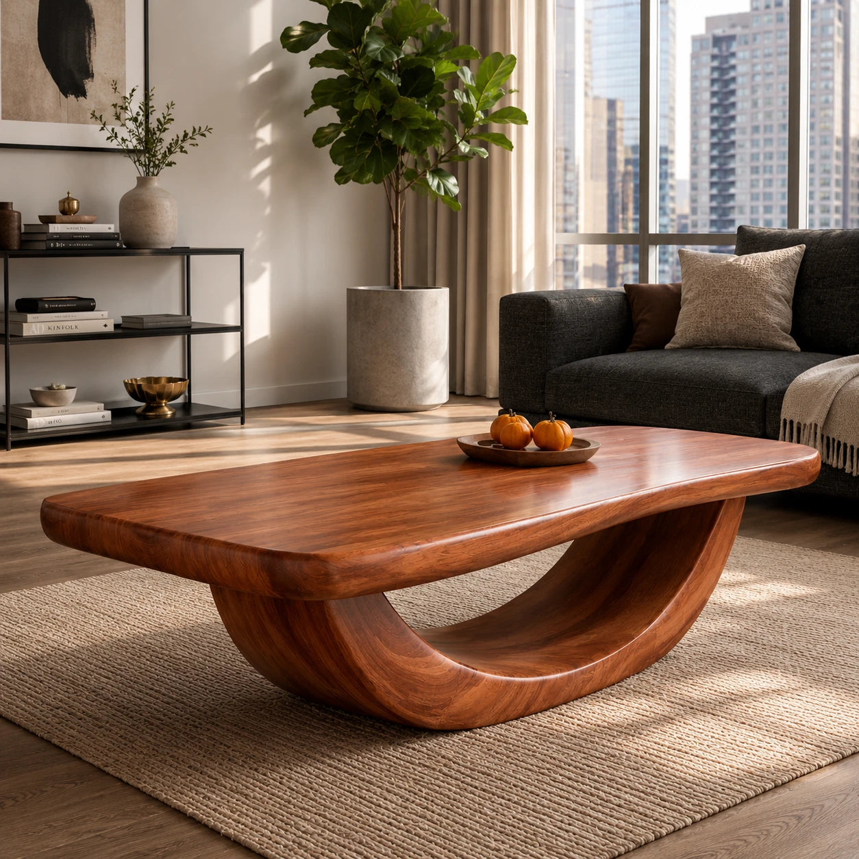 Sculptural coffee table with looped solid wood base and broad rounded top for modern rooms