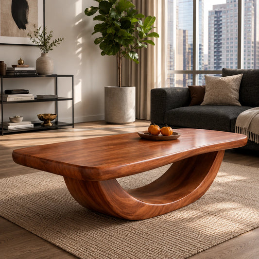 Sculptural coffee table with looped solid wood base and broad rounded top for modern rooms