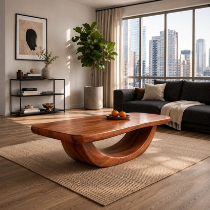 Handcrafted coffee table with curved support and smooth solid wood top for modern rooms