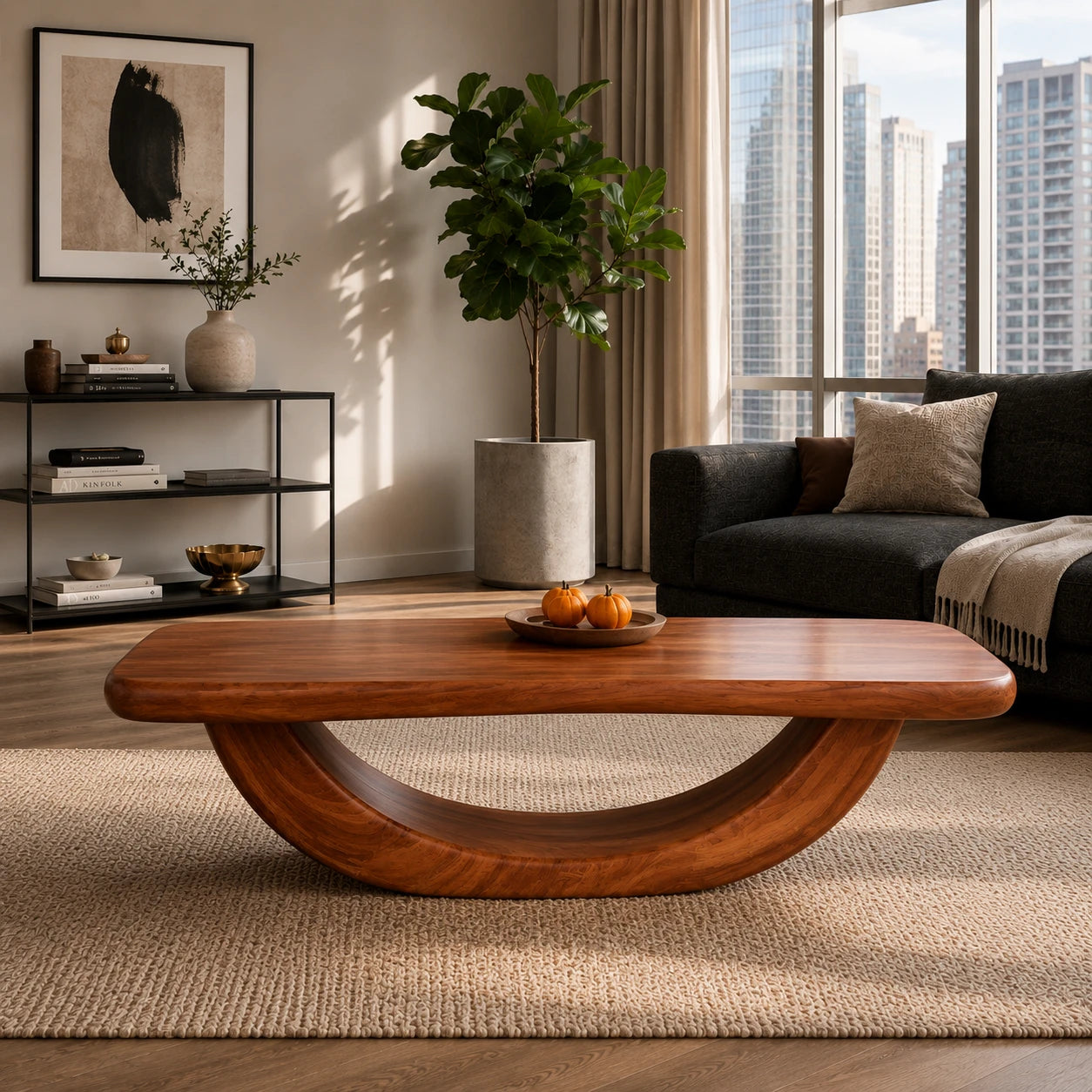 Modern coffee table with open arch base and rounded solid wood top for relaxed interiors