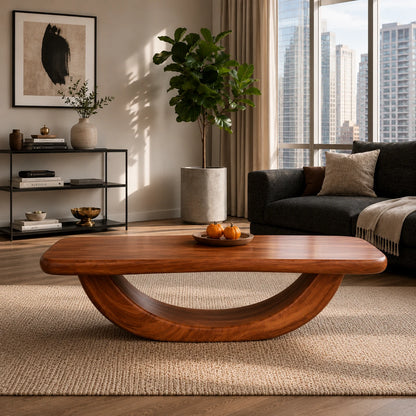 Modern coffee table with open arch base and rounded solid wood top for relaxed interiors