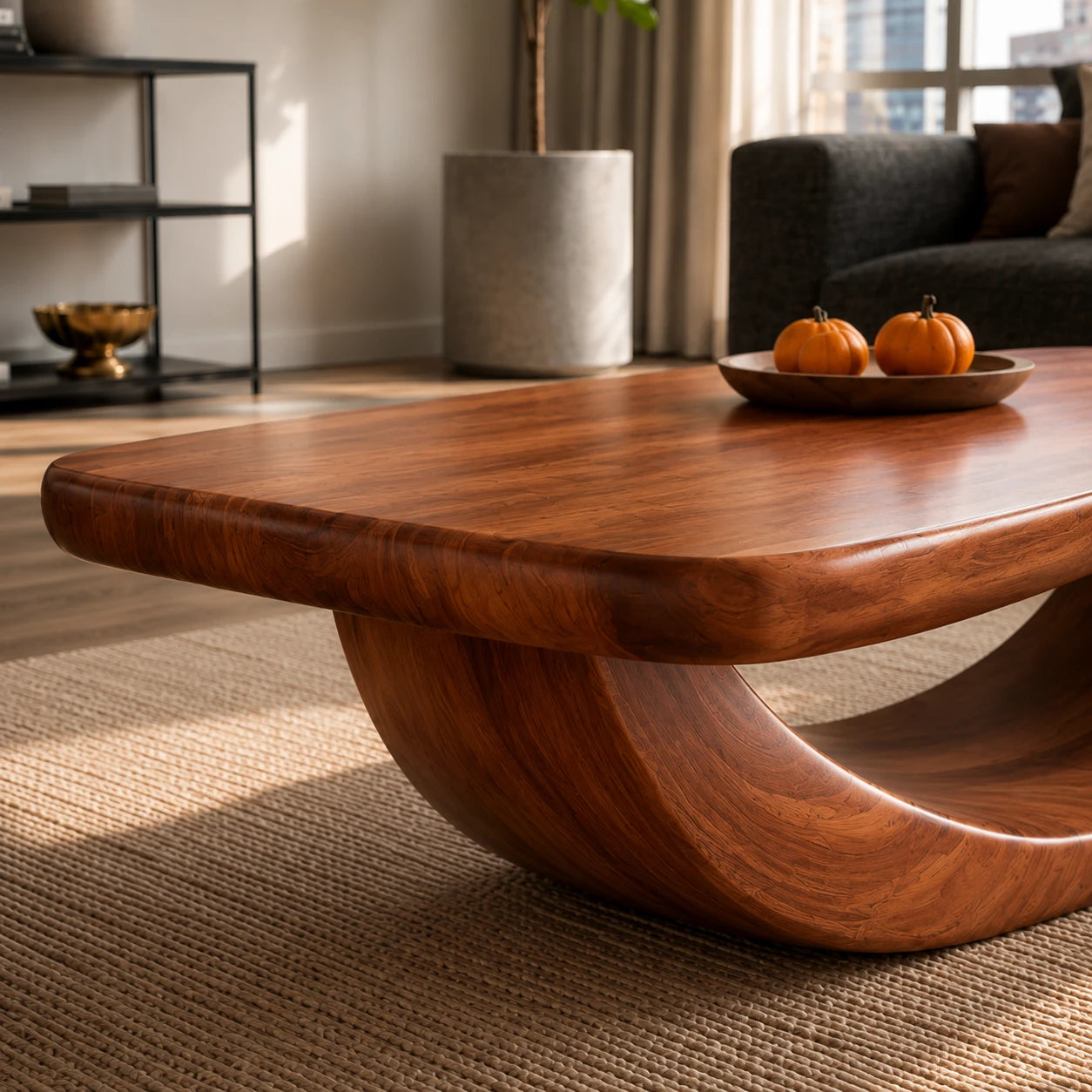 Organic coffee table with flowing support structure and broad top for refined interiors