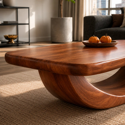 Organic coffee table with flowing support structure and broad top for refined interiors