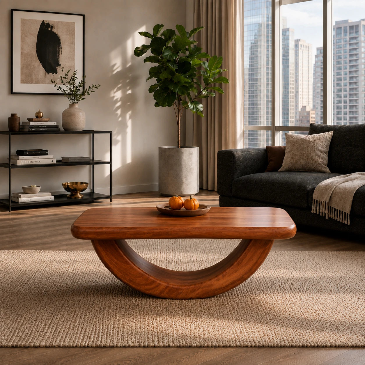 Artisan coffee table with flowing solid wood base and smooth top for elegant interiors