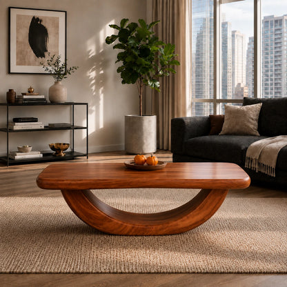 Premium coffee table with curved support and broad solid wood top for refined modern rooms
