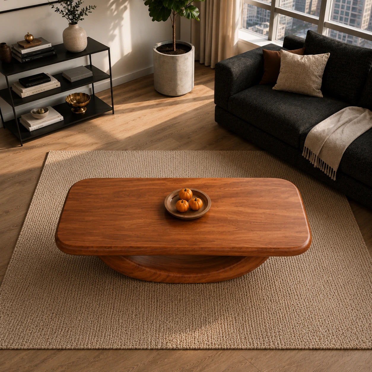 Designer coffee table with curved base and smooth solid wood surface for elegant lounges