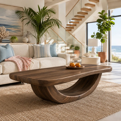 Low profile coffee table with sculpted open base and rounded top for modern interiors