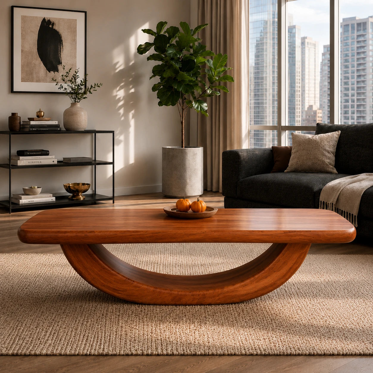 Minimalist coffee table with open loop base and rounded solid wood top for serene rooms