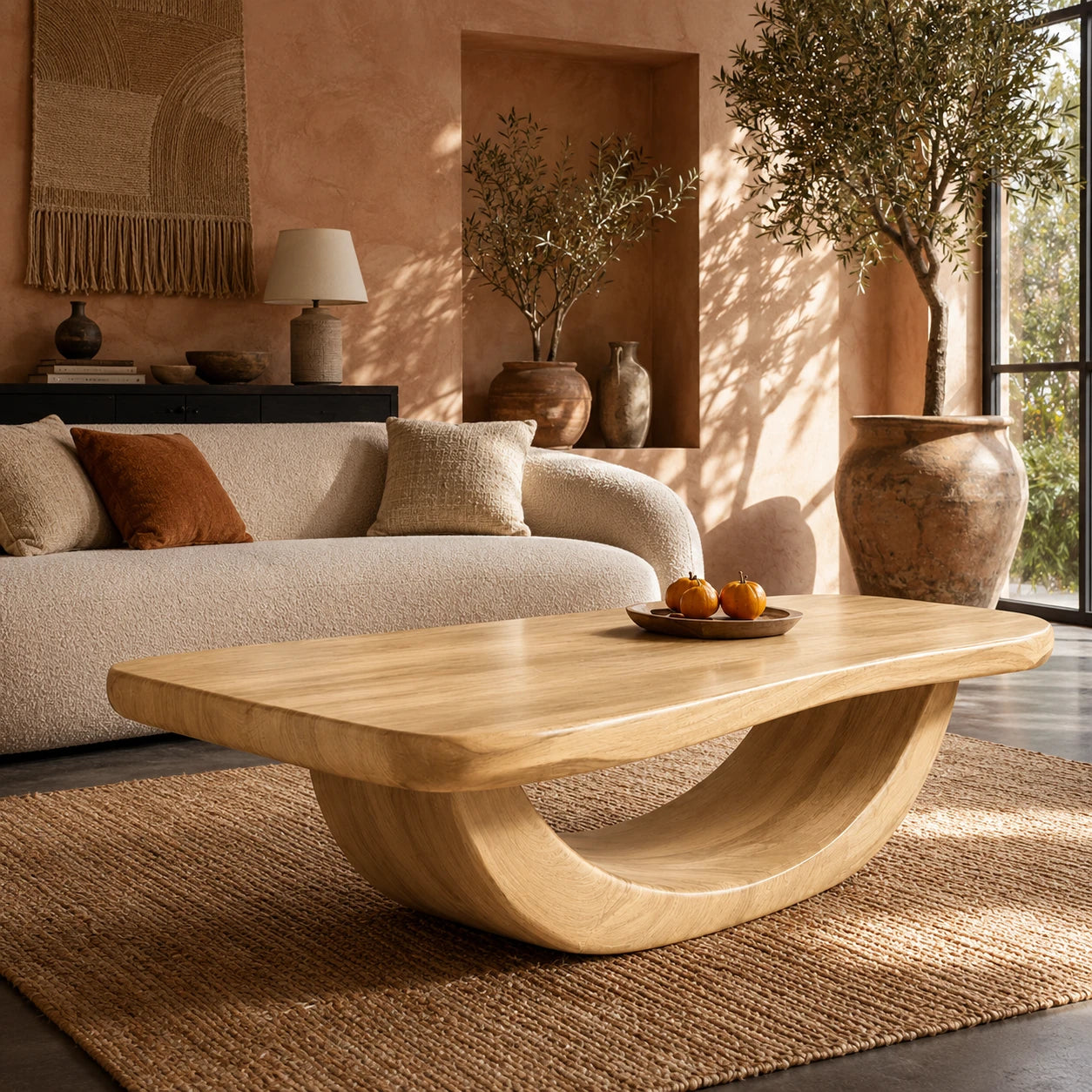 Statement coffee table with bold loop form and solid wood top for stylish living rooms