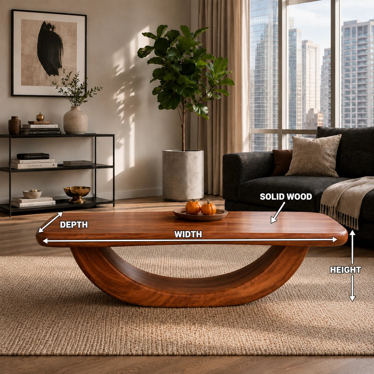 Contemporary coffee table with open sculptural support and rounded top for calm interiors