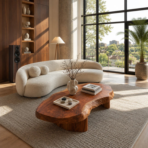 Freeform coffee table with thick solid wood top and low curved base for modern rooms