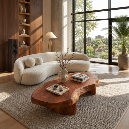 Freeform coffee table with thick solid wood top and low curved base for modern rooms