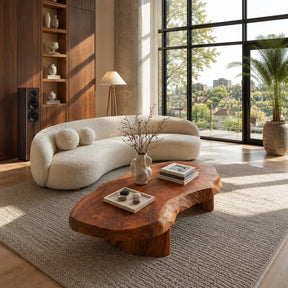 Freeform coffee table with thick solid wood top and low curved base for modern rooms