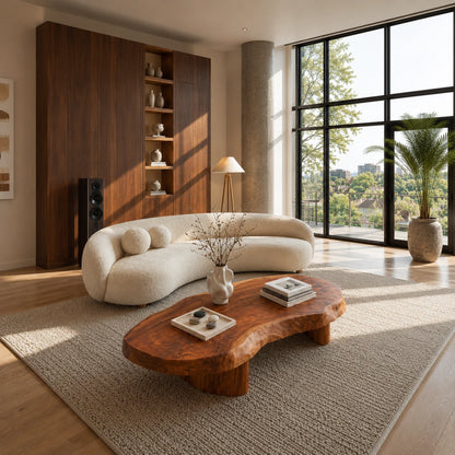 Handcrafted coffee table with natural edges and broad wood supports for relaxed spaces