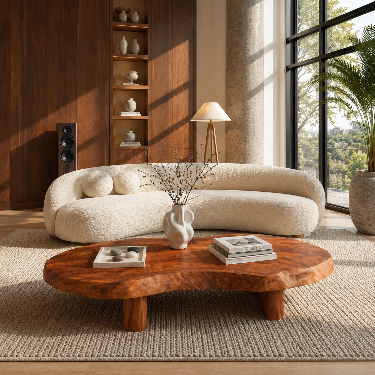 Organic coffee table with sculpted slab top and sturdy low base in a bright living room