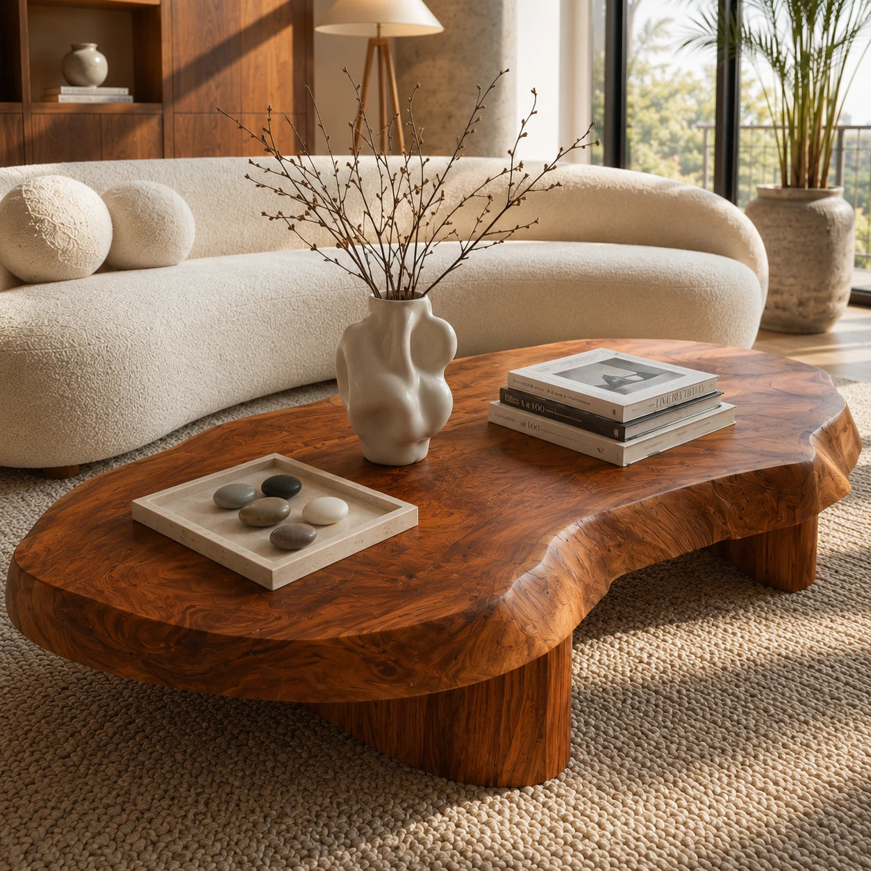 Modern coffee table with flowing contours and substantial solid wood legs for interiors