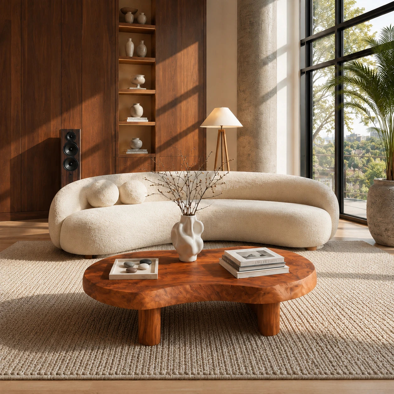 Artisan coffee table with irregular slab contours and handcrafted supports for calm rooms