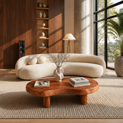 Artisan coffee table with irregular slab contours and handcrafted supports for calm rooms