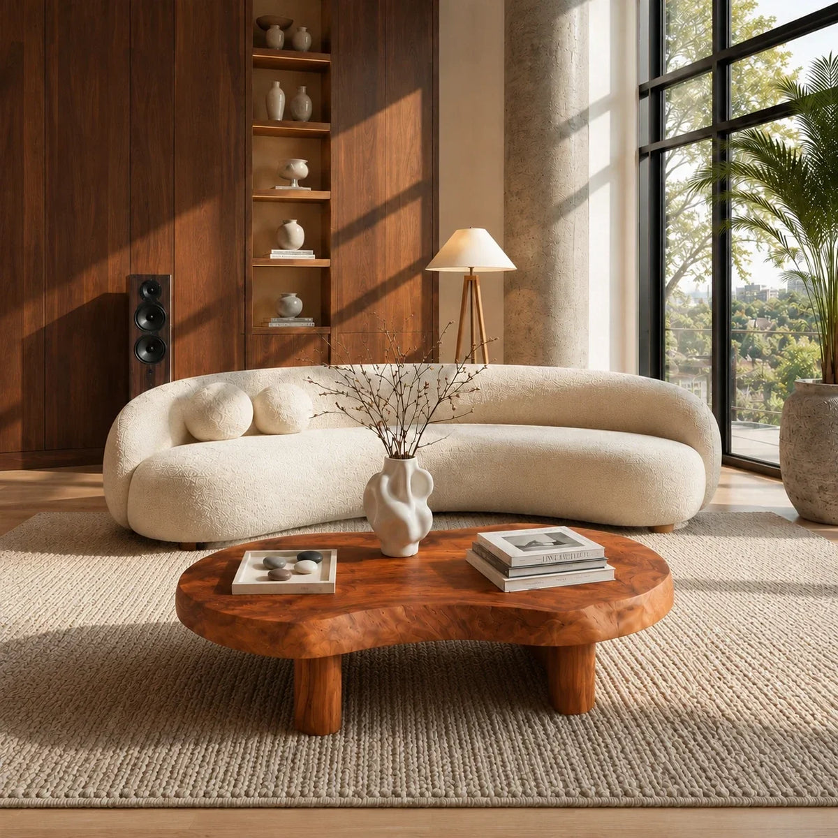 Artisan coffee table with irregular slab contours and handcrafted supports for calm rooms