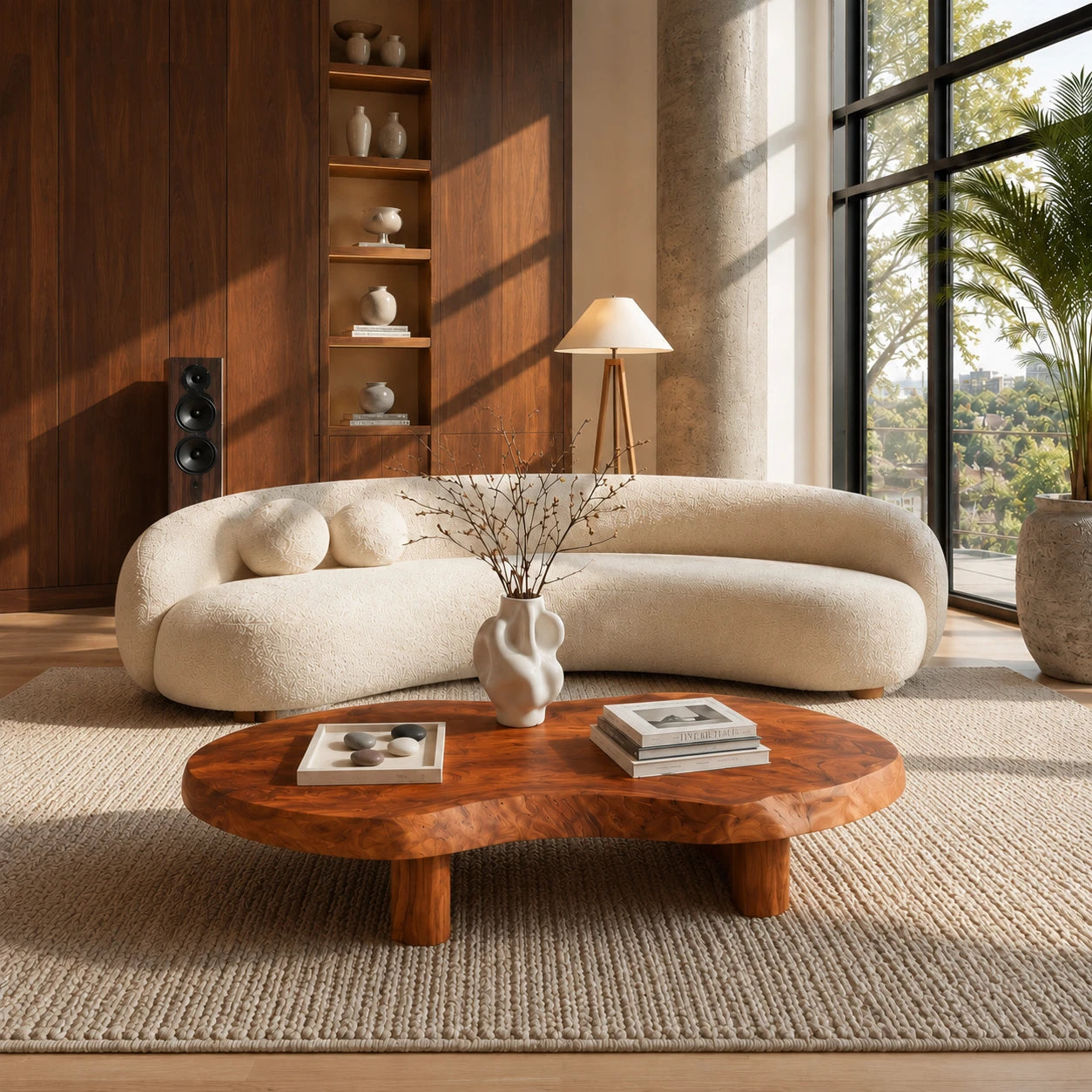 Premium coffee table with broad organic silhouette and solid wood build for modern spaces