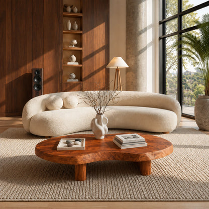 Premium coffee table with broad organic silhouette and solid wood build for modern spaces