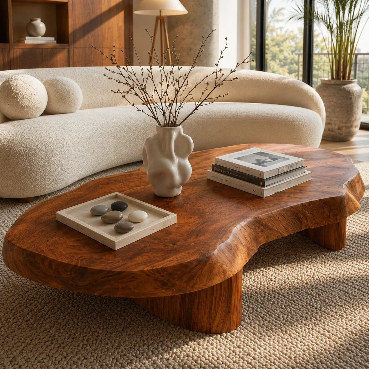 Modern coffee table with flowing contours and substantial solid wood legs for interiors