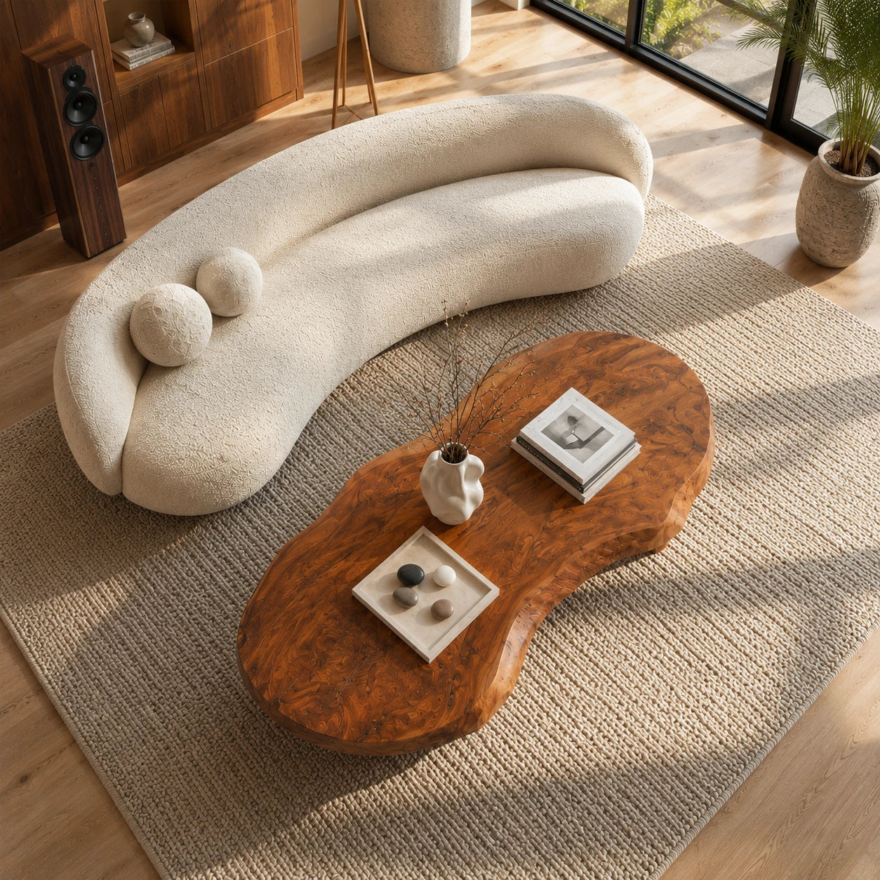 Low profile coffee table with rounded slab form and bold handcrafted wood foundation