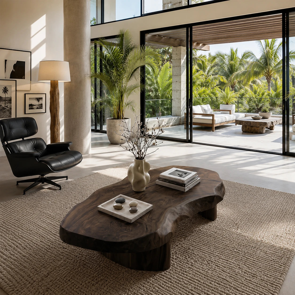 Designer coffee table with broad organic top and sculptural wood supports for luxury rooms