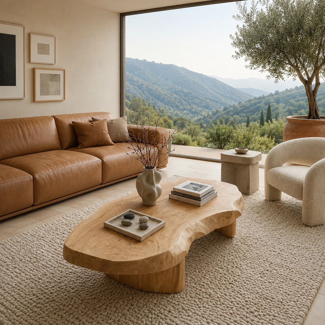 Living room coffee table with thick freeform surface and handcrafted solid wood base