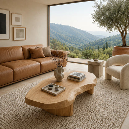Living room coffee table with thick freeform surface and handcrafted solid wood base